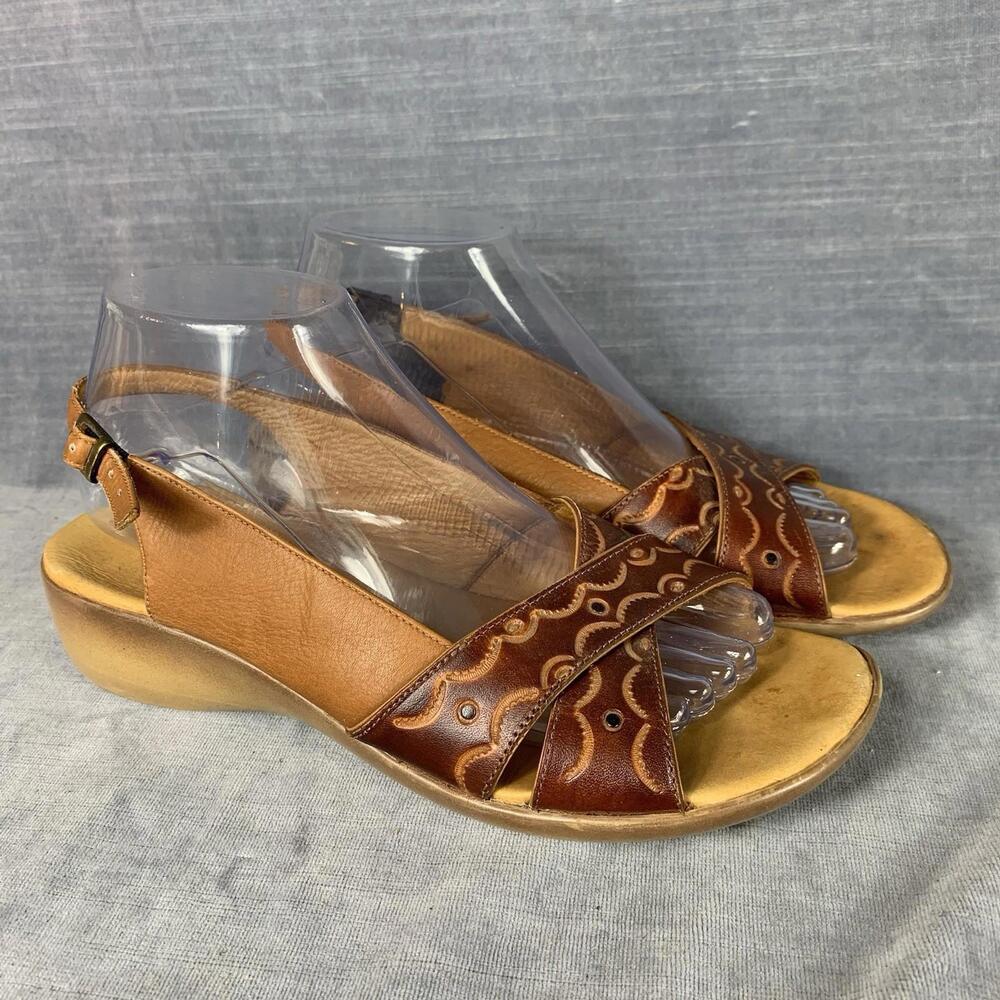 Sebastian Bravo Size 39 Brown Tooled Leather Criss Cross Slingback Sandals Italy